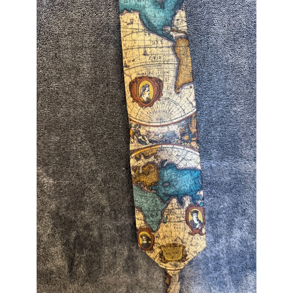 Audrey Buckner Mens Silk Tie Vintage World Map Cartography Hand Tailored Gold